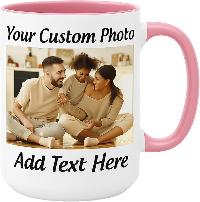 Customized 15oz Ceramic Coffee Mugs with Personalized Text and Photo Image Upload Novelty Gift, Personalize With Different Design And Images, Custom Gift (Pink)