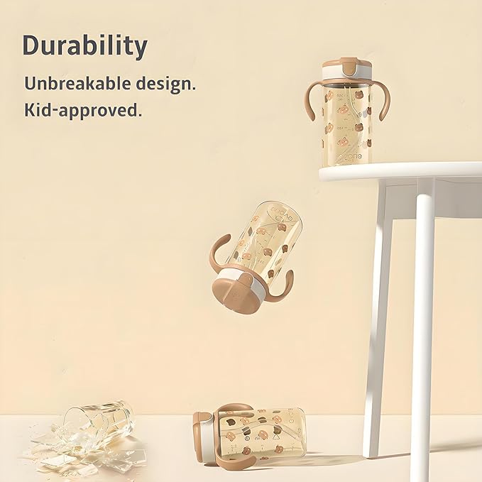 Evorie Tritan Spill Proof Toddler Straw Sippy Cup, 10 oz for Baby and Toddlers 1-3 Years Old, No Spill Straw Water Bottle with Removable Handles, Ideal for School, BPA-Free, Happy Valley