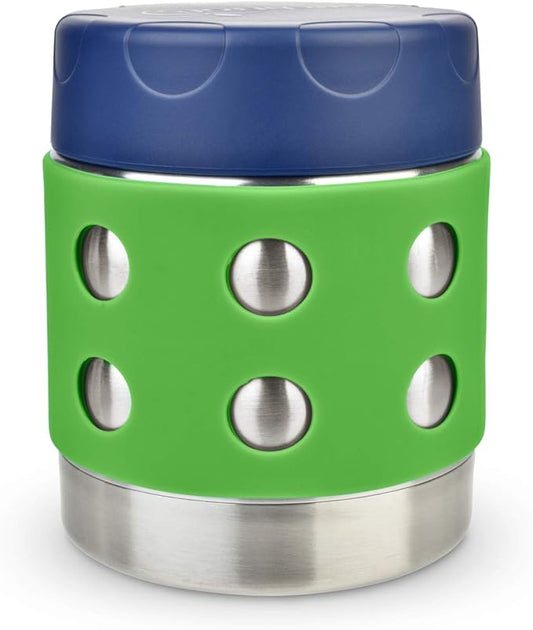 LunchBots Thermal 8 oz Triple Insulated Thermos - Hot 6 Hours or Cold 12 Hours - Leak Proof Thermos Soup Jar - All Stainless Interior - Navy Lid - Green Dots