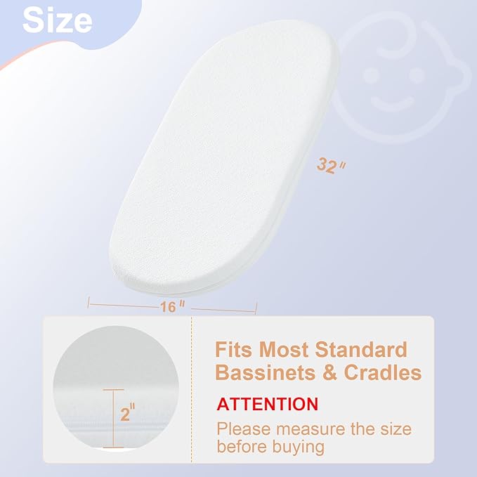 NeoBorn Baby Bassinet Mattress Pad, 32" x 16" Dual Sided Comfort Gel Memory Foam Mattress with Removable Breathable Soft Tencel Cover Fit for Dream On Me Karley Bassinet