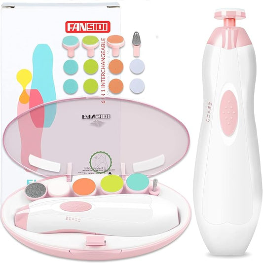 Baby Nail Trimmer Electric, FANSIDI Baby Nail File Infant Nail Clippers with 10 Grinding Pads 8 Sandpapers for Newborn Infant Toddler or Adults Toes Fingernails Care - AA Battery Operated (White/Pink)