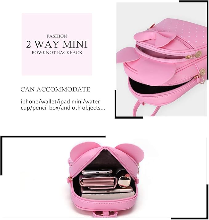 KL928 Girls Bowknot Polka Dot Cute Mini Backpack Small Daypacks Convertible Shoulder Bag Purse for Women