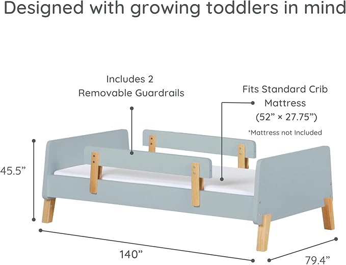dadada Muse Blue Toddler Bed with 2 Removable Safety Rails. Low Profile Montessori Bed. Sturdy Solid Wood Frame, Fits Standard Crib Mattress, Easy to Assemble, Toddler Bed for Boys & Girls - Blue