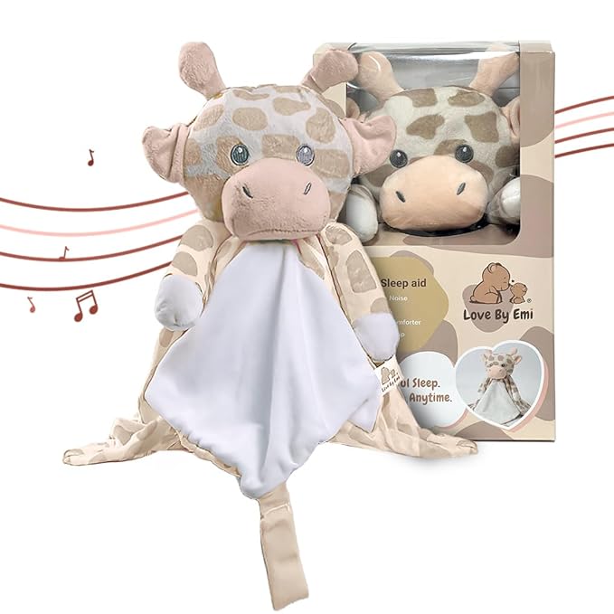 Love By Emi Baby Music Lovey Beige & White Giraffe, Baby Sleep Soother for Crib & Cuddle Bedtime, White Noise with Heartbeat & Lullaby, Plush Sound Toy, Stuffed Animal for Newborns, Infants & Toddlers