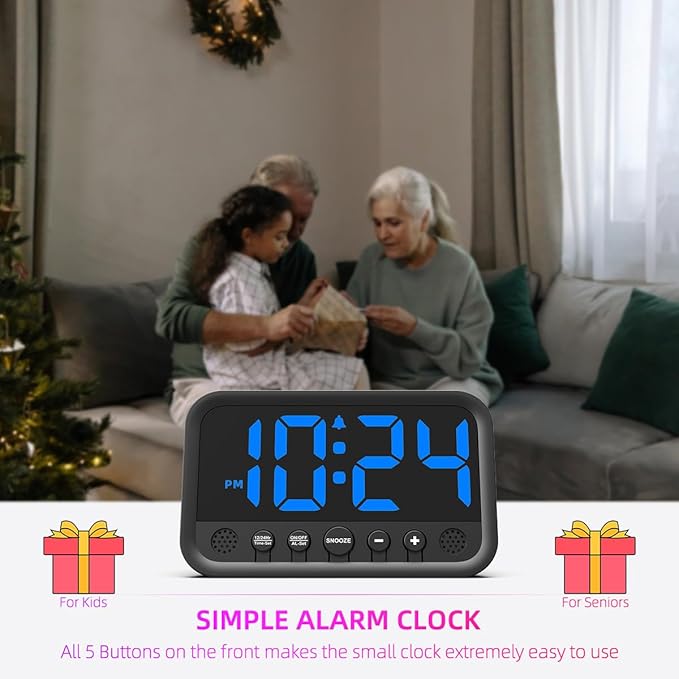 Small LED Digital Clock for Bedroom, Loud Alarm Clock for Heavy Sleepers Adults, Teens | Plug-In Electric Desk Clock | Simple Bedside Nightstand Clock with Adjustable Volume/Brightness/Snooze – Blue