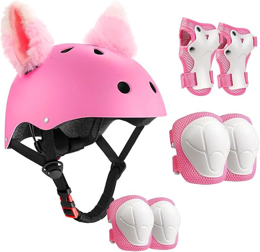 Kids Bike Helmet with Knee Elbow Wrist Pads Guards,Pink,for Ages 2-3-5-8-14,Sports Bicycle,Skate Scooter,Rollerblading with Unicorn Sticker