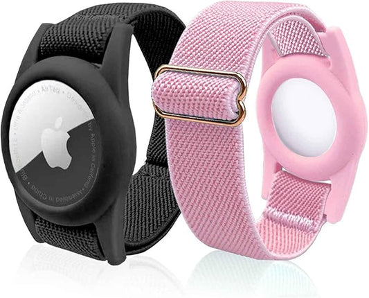 Airtag Bracelet for Kids, AirTag Holder with Adjustable Stretchy Nylon Watch Band, Anti-Lost Apple Air Tag Case Loop for Child, Toddler, Adults, Wallet, AirTag Wristband Kids (Black Pink)