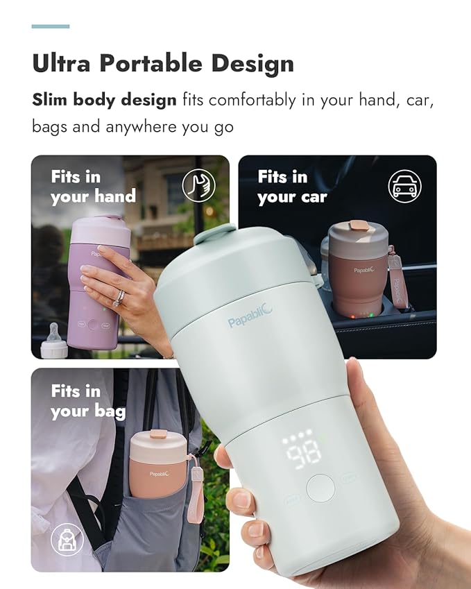 Papablic Pro Portable Bottle Warmer for Travel– Fast Heating, Steam Sterilizer, 30W Fast Charge, 5-Temp Control, Easy-Clean Wide Mouth, Baby Milk Warmer for Breastmilk & Formula, Almond Rose
