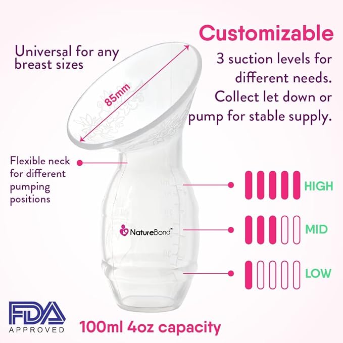 NatureBond Silicone Breast Pump with lid, Stopper, Strap, Pouch. Breastfeeding Essential Premium All in 1 Set. 3.4oz 100ml (Premium All-in-ONE)