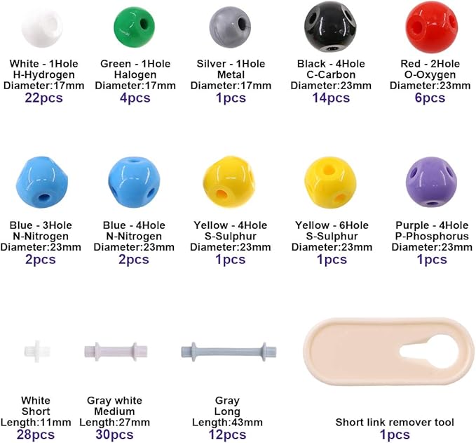 Swpeet 125 Pcs Molecular Model Kit for Inorganic & Organic Molecular Model Teacher and 16 Years and Over Student Kit - 54 Atoms & 70 Links & 1 Short Link Remover Tool - Science Toys