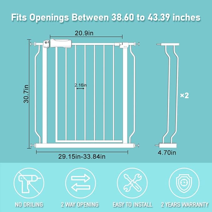 WAOWAO Baby Gate 38.58-43.27" Extra Wide Pressure Mounted Walk Through Swing Auto Close Safety White Metal Toddler Kids Child Dog Pet Puppy for Stairs,Doorways,Kitchen