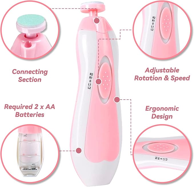 Baby Nail Trimmer Electric-6 in 1 Baby Nail File Clippers Infant Grooming Kit Manicure Set for Toddler or Adults, Pink