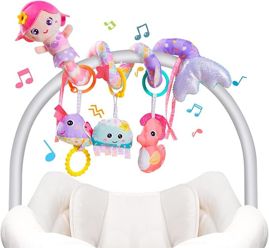 Koty Carseat Toys Hanging, Pink Mermaid Stroller Toys for Babies 0-6 Months, Baby Car Seat Toy with Crinkle, Teether, Music Box, Rattle, BB Squeaker for Babies Boys Girls Gifts (Pink Mermaid)