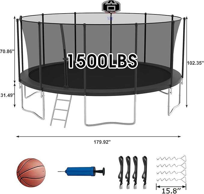 SKYUP Tranpoline 1500LBS 16 15 14 12 10 8 FT Tranpoline for 7-10 Kids and Adults, Windproof Outdoor Tranpoline with Enclosure Net, Basketball Hoop, Easy to Install & Last Long - ASTM Approved
