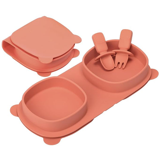 Silicone Foldable Novelty Dinner Plates,Suction Plates for Baby Travel Essential with Forks and Spoons,Microwave & Dishwasher Safe,Watermelon