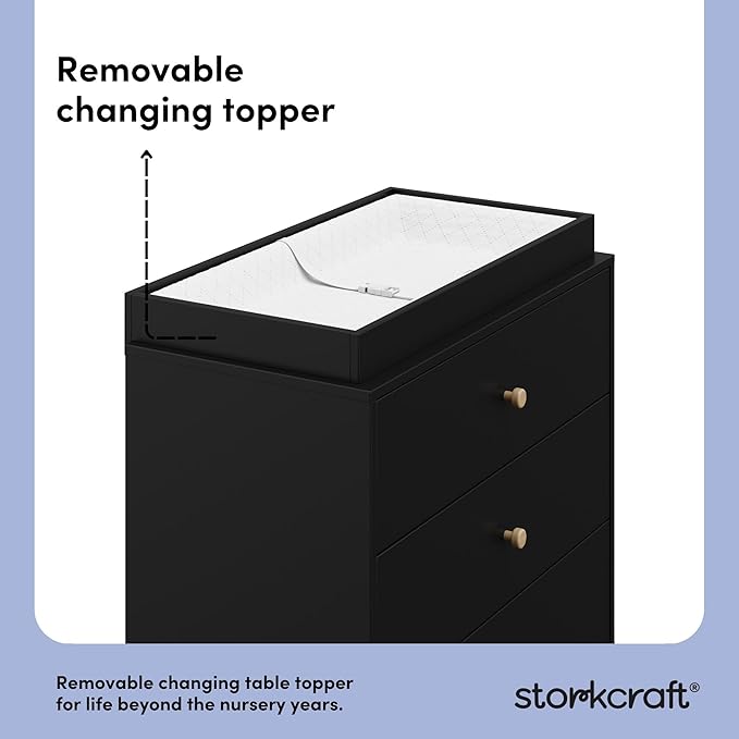 Storkcraft California 3-Drawer Chest with Removable Changing Topper (Black with Driftwood) – GREENGUARD Gold Certified, Interlocking Drawer System, Pre-Installed Tracks, Easy Assembly