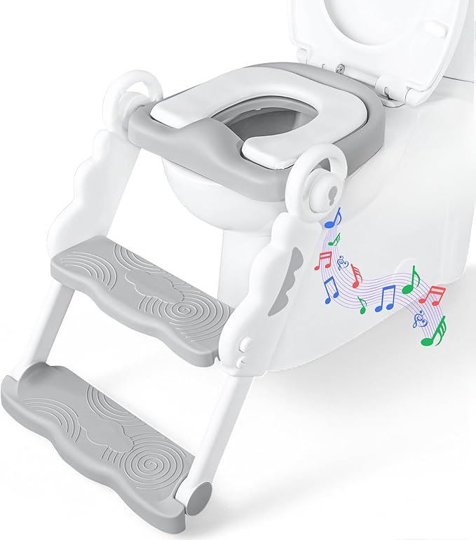 Musical & Sound Toddler Potty Training Seat w/Step Stool Ladder - Collapsible & Adjustable Toilet, Pre Assembled Toddler Toilet Seat w/Music & Sounds - Splash Guard & Anti-Slip Steps - Gray