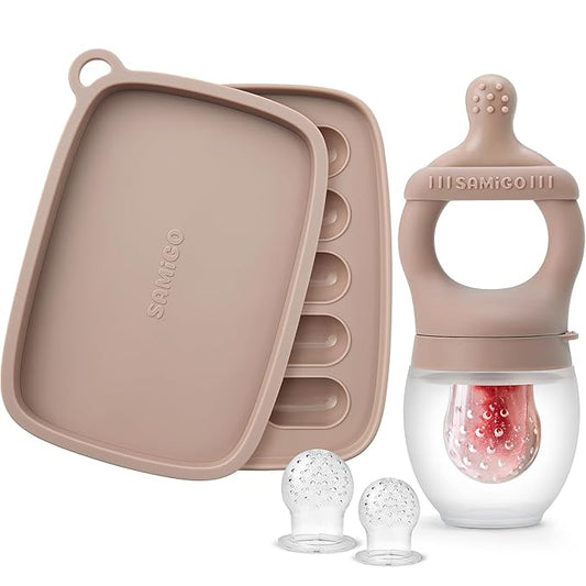 SAMiGO Baby Food Fruit Feeder and Breastmilk Popsicle Mold Set, Silicone Fruit Teether, Food Feeder Pacifier for Teething Relief, Freezer Tray, Baby Feeding Essentials, 4 Months+