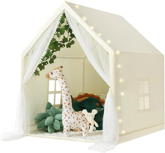 Wilwolfer Kid Tent with Mat, Star Lights - Kids Play Tents for Toddlers Kids Tents Indoor Playhouse - Princess Tent for Girls Toy House Gift (Beige with Mesh)