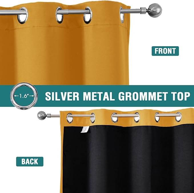 ChrisDowa 100% Blackout Curtains for Bedroom with Black Liner, 2 Thick Layers Total Blackout Thermal Insulated Grommet Small Window Curtains 2 Panels Set (Mustard Yellow, 42 x 45 Inch)