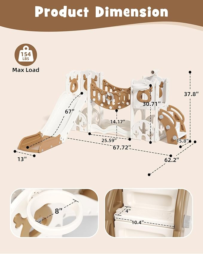 YUFU Toddler Slide Set, 11 in 1 Kids Slide for Toddlers 1-3, Toddler Playset with Climbing Bridge, Golf Set, Basketball Hoop, Indoor Outdoor Playground (Brown)