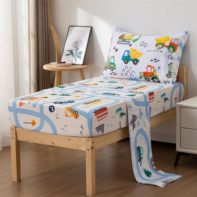 NTBED 4 Pieces Construction Toddler Bedding Set for Baby Boys,Watercolor Truck Vehicles Excavator Cars Printed, Includes Comforter, Flat Sheet, Fitted Sheet and Pillowcase,Multi