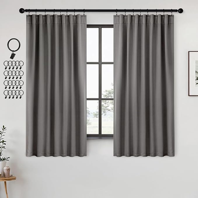 ANRODUO Back Tab Blackout Curtains for Bedroom Living Room, Rod Pocket Pinch Pleated Thermal Insulated Room Darkening Curtains 63 Inches Long 2 Panels, Grey, 42 x 63 Inch