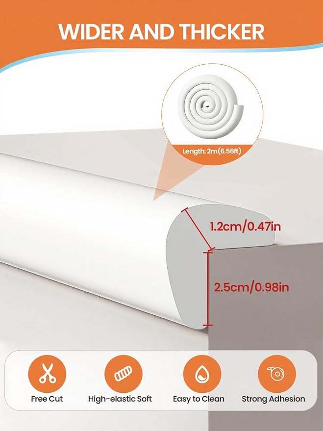 Baby Proof Edge Corner Protector, 6.56FT 0.47''Th L-Shape Furniture Corner & Edge Safety Bumpers with 6 Corners, Pre-Taped, Soft NBR Rubber Foam Desk Edge Cushion Wall Corner Protector（White）