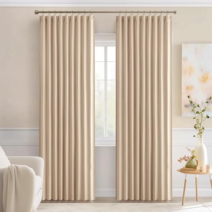 MIULEE Back Tab Beige Curtains 90 Inch Long 2 Panels Set for Living Room Bedroom Privacy, Cream Rod Pocket/Pinch Pleated Light Blocking Thermal Insulated Room Darkening Blackout Curtains, 52 x 90 Inch