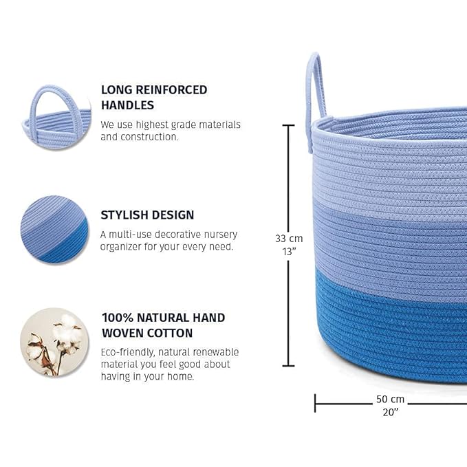 OrganiHaus Toy Storage Basket for Kids, Large Cotton Rope Organizer Bin for Nursery, Toy Box, Blanket Holder, Baby Hamper for Living Room, Soft & Washable, 20x13 inches - Blue