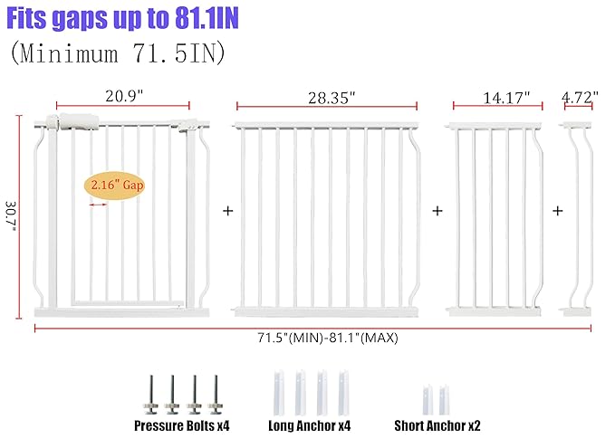 Extra Wide 76.4-81 Inch Large Baby Gates for Stairs, Doorways - No Drilling, Pressure Mounted Pet Gates for Kids & Dogs