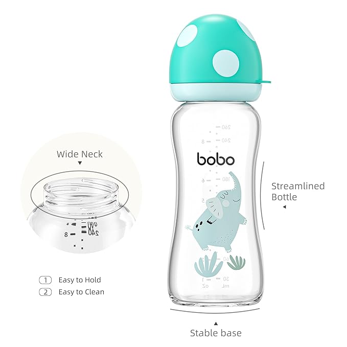 YOHKOH Natural Glass Baby Bottle with Natural Response Nipple, Newborn Anti-Colic Baby Bottles, Wide Neck Mushroom Cap Baby Bottle, Clear (8.8ounce (Pack of 4), Blue2)
