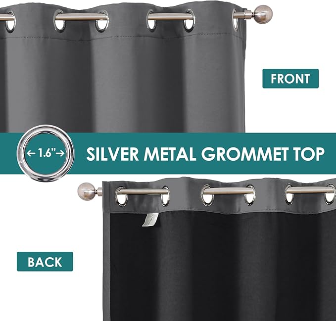 ChrisDowa 100% Blackout Curtains for Bedroom with Black Liner, 2 Thick Layers Total Blackout Thermal Insulated Grommet Window Curtains 2 Panels Set (Grey, 52 x 63 Inch)