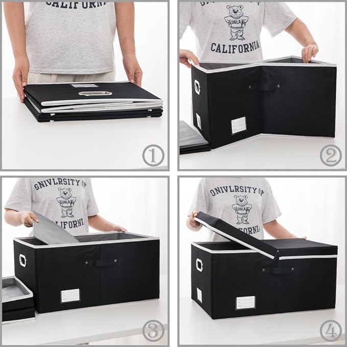 PRANDOM Storage Boxes with Lids [3-Pack] Fabric Collapsible Storage Bins Organizer Containers Baskets Cube with Cover for Home Bedroom Closet Office Nursery Black（23.4X15.9X11.5