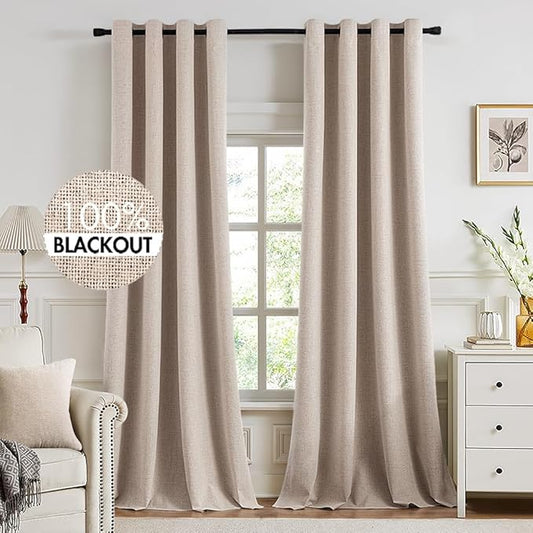 MIULEE 100% Blackout Linen Textured Curtains for Bedroom 102 Inches Extra Long Thermal Insulated Natural Beige Grommet Room Darkening Curtains & Drapes Luxury for Living Room Nursery (2 Panels)