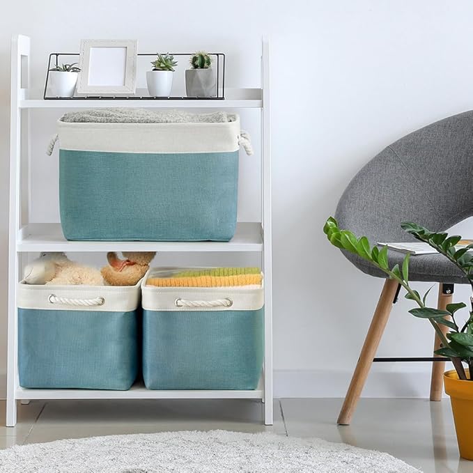 TheWarmHome Organization and Storage basket for Organizing - 3 Pack 16x12x12 inch Cube Storage Bin for Shelves, Fabric Storage Cubes for Organizer Cloth Closet Toy Box (White & Green)