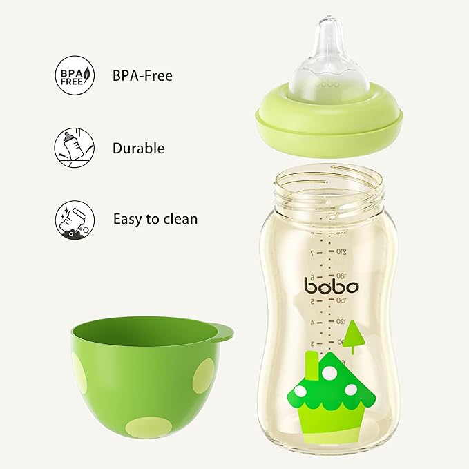 YOHKOH PPSU Baby Bottle Wide Neck, Newborn Anti-Colic Baby Bottle with Natural Response Nipple, Streamlined Body, Easy to Clean (8.8oz (Pack of 4), Green)