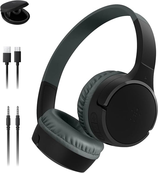 Belkin SoundForm Mini Kids Wireless Headphones w/Built-in Microphone, 30H of Playback Time, Fun Stickers, & Case - Over-Ear Headsets for Online Learning, School, iPhone, iPad, Galaxy, & More - Black