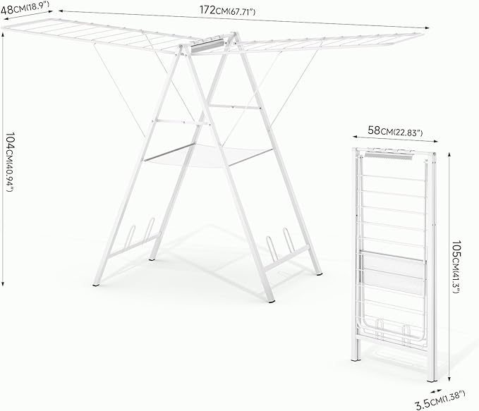 APEXCHASER Drying Rack Clothing, Clothes Drying Rack Foldable, Metal Laundry Drying Rack Collapsible for Sweater Towel Indoor Outdoor, Gullwing Clothes Rack Drying with Height Adjustable Rails, White