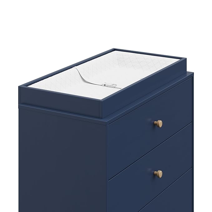 Storkcraft California 3-Drawer Chest with Removable Changing Topper (Midnight Blue with Driftwood) – GREENGUARD Gold Certified, Interlocking Drawer System, Pre-Installed Tracks, Easy Assembly