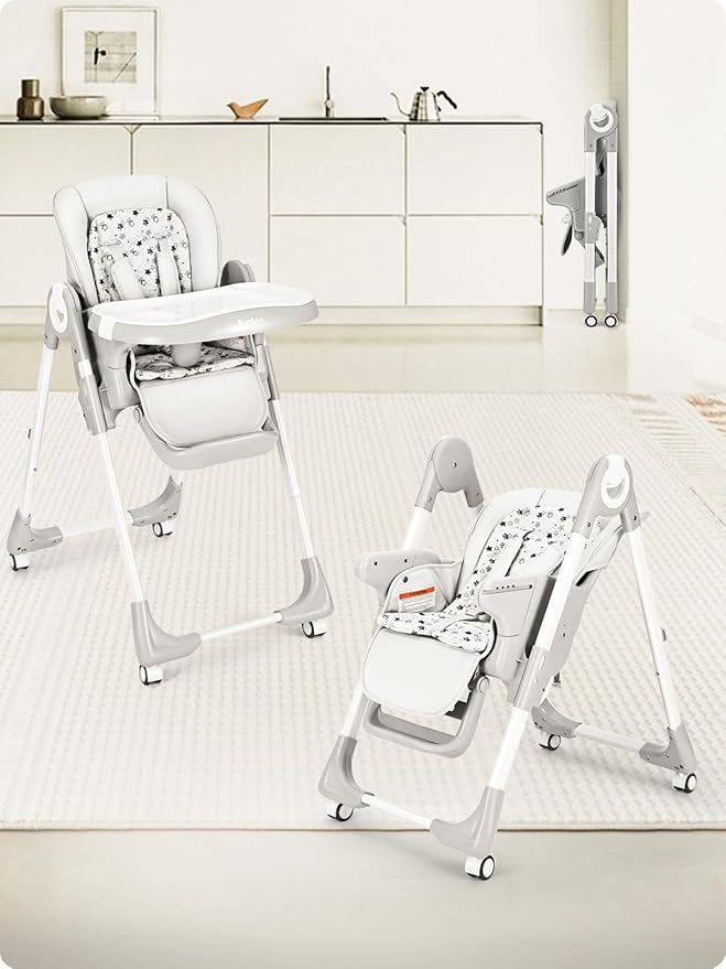 Foldable High Chair with Soft Cushion, High Chairs for Babies and Toddlers, Height Adjustable Feeding Chair, Adjustable Backrest and Footrest, Lockable Wheels, Star Gray