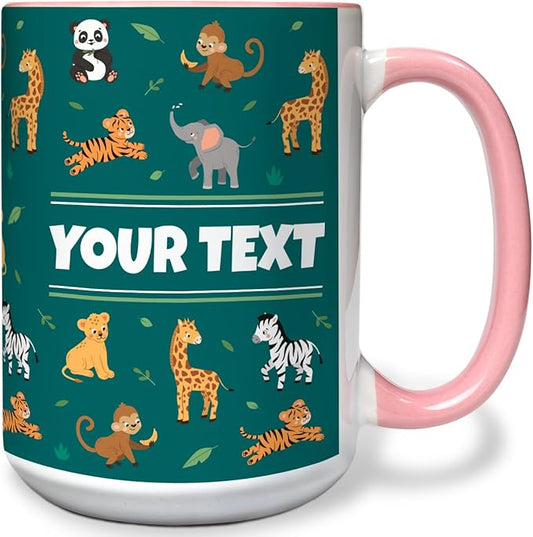 Personalized Mug for Kids - Zoo Animals - Custom Name/Text, Ceramic Hot Chocolate/Cocoa/Coffee Cup for Boys/Girls, Birthday/Christmas/Holiday Gift - 15 oz, Pink Handle