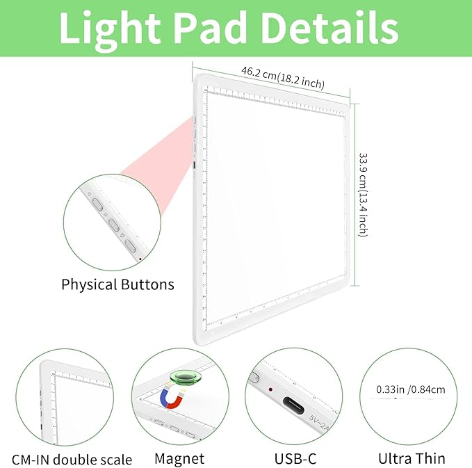 KOBAIBAN A4 Magnetic Light Box for Tracing, Rechargeable Diamond Art Light Board with Side Physical Buttons, 3 Color Light Modes Super Bright Light Pad for Diamond Painting, Weeding Vinyl (White)