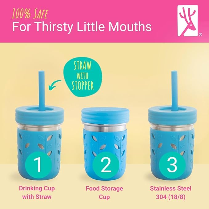 Elk and Friends 14oz Stainless Steel Kids + Toddler Drinking Cups | The Original Mason Jars with Lids + Sleeves + Straws | Smoothie Cups | Spill Resistant | Dishwasher Safe | 4 Pack