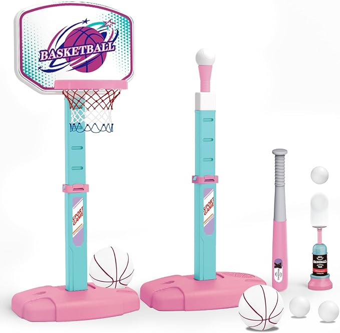 3 in 1 Basketball Hoop and Tee Ball Set for Girls: Baseball Tee with Automatic Pitching Machine Adjustable Height Outdoor and Indoor Sports Toys Christmas Birthday Gift for Kids Age 1-8 Year Old Pink