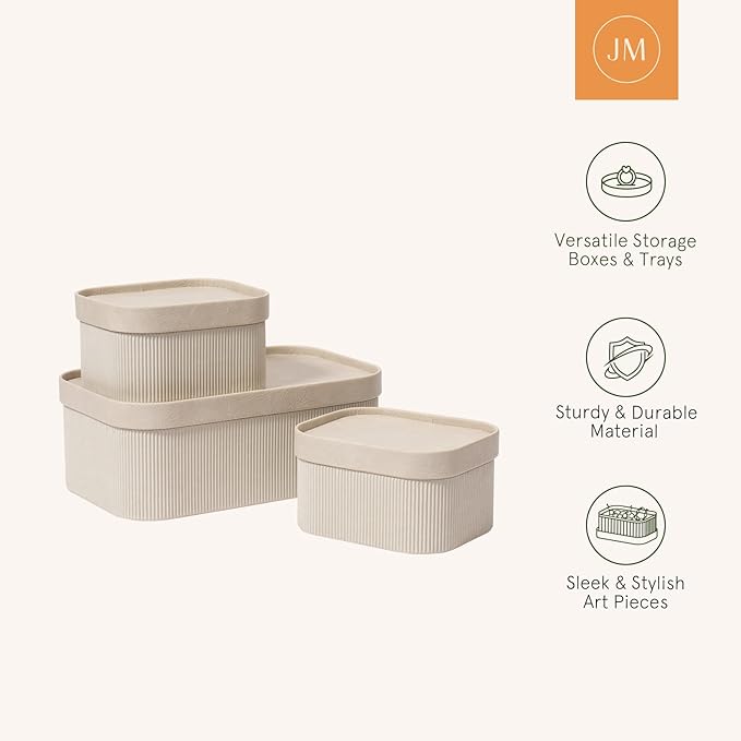 LA JOLIE MUSE Storage Basket Set of 3 with Leather Lids Fluted Cardboard - Light Grey