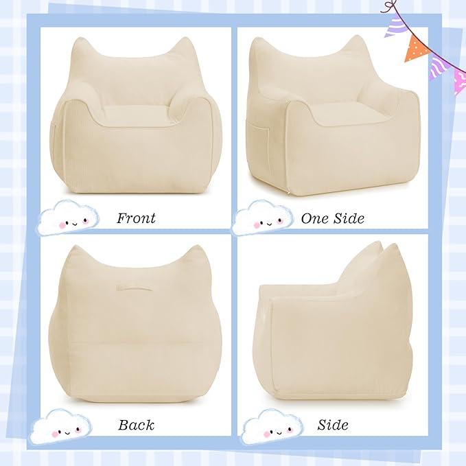 HOMMPA Bean Bag Chair for Kids Stuffed Toddler Bean Bag Sofa with Pocket Filler Cat Shaped Bean Bag Chair Boys and Girls Baby Lazy Floor Sofa Chair for Gaming Reading Playing Beige