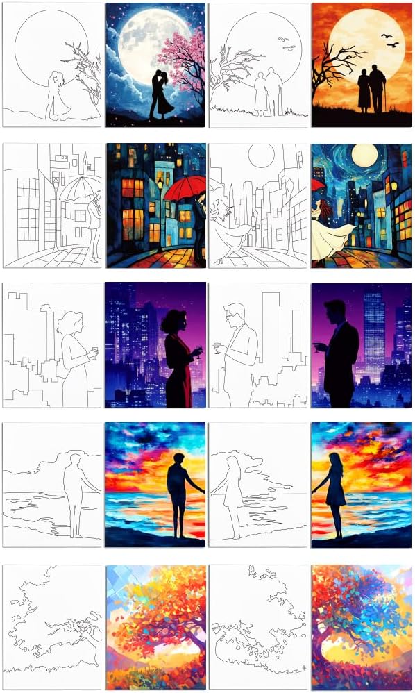 WEBEEDY 10 Pcs Sip and Paint Canvas Set Pre Drawn for Painting, Valentines Painting Kit for Couples Date Night, Art Painting Supplies, Home Date Night Activity, Sip Party Decor, 203x245mm/8x10