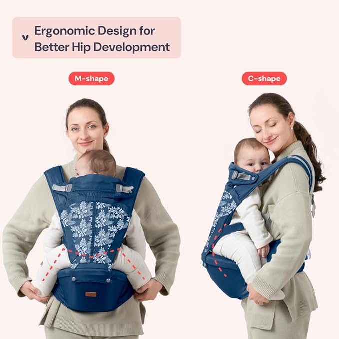 BabbleRoo Grow Carrier – Safety-Certified 6-in-1 Baby Carrier with Hip Seat, Ergonomic & Adjustable Toddler Carrier 7-50 lbs with Hip Support, Hood for Sun Protection, Newborn to Toddler, Denim Leaves