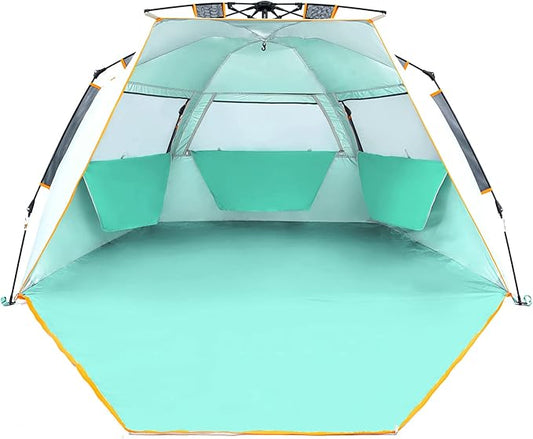WolfWise 3-4 Person Easy Up Beach Tent UPF 50+ Portable Instant Sun Shelter Canopy Umbrella with Extended Zippered Porch, Mint Green